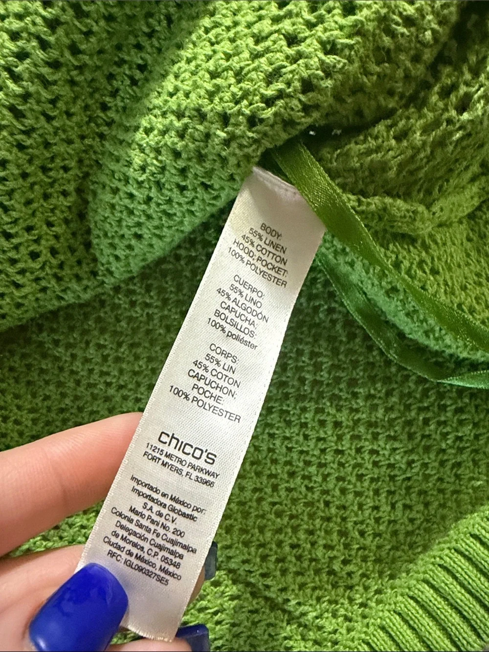 Chico's Zenergy Green Crochet Knit Hooded Zip Sweater Jacket Sz 3 (XL)